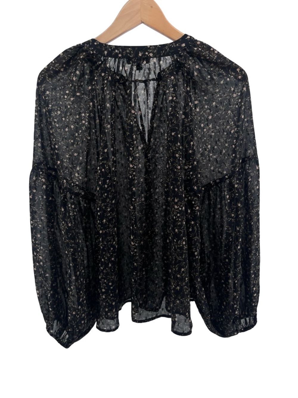 Blu Pepper Black Floral Sheer Blouse Ruffle Tie Neck Long Sleeve Boho Top - Picture 3 of 11